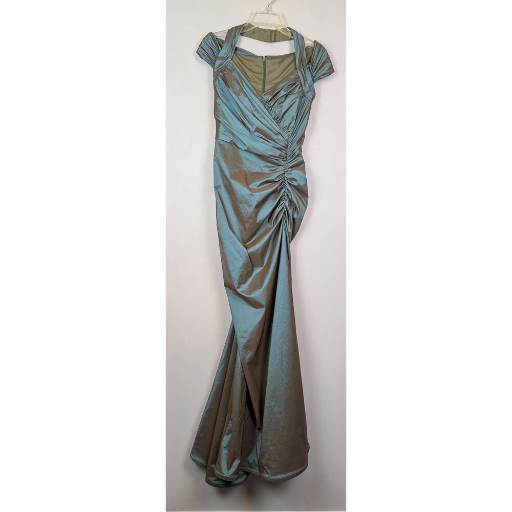 Tadashi Shoji Silk Taffeta Ruched Mermaid Gown Green Dress 2 XS